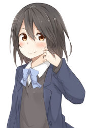 Rule 34 | 1girl, black hair, black sweater, blazer, blue bow, blue bowtie, bow, bowtie, brown eyes, close-up, closed mouth, commentary, dress shirt, hair between eyes, hand on own face, inaba himeko, jacket, kokoro connect, long bangs, looking at viewer, mukunoki nanatsu, school uniform, shirt, short hair, simple background, smile, solo, sweater, upper body, white background, white shirt, yamaboshi private high school uniform