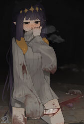 1girl absurdres alternate_costume artist_name black_eyes blonde_hair blood blood_on_clothes blood_on_ground blood_on_leg bloody_knife blush breath broken_glass chocosong commentary_request covering_own_mouth crying dark glass grey_sweater highres holding holding_knife hololive hololive_english kneeling knife long_hair long_sleeves multicolored_hair ninomae_ina&#039;nis oversized_sweater pointy_ears purple_hair signature sleeves_past_wrists spotlight stone_floor sweater takodachi_(ninomae_ina&#039;nis) tentacle_hair two-tone_hair virtual_youtuber