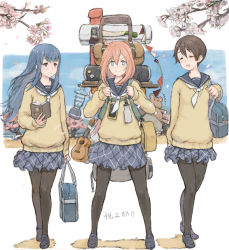 Rule 34 | + +, 3girls, backpack, bag, black footwear, black legwear, blue eyes, blue hair, blue sailor collar, blue skirt, blue sky, book, bottle, branch, brown hair, carrying, cellphone, cherry blossoms, closed eyes, closed mouth, commentary, day, holding, holding book, instrument, iwauchi tomoki, kagamihara nadeshiko, lamp, light frown, loafers, long hair, long sleeves, looking at viewer, miniskirt, multiple girls, neckerchief, open mouth, outdoors, pantyhose, phone, pink hair, plaid, plaid skirt, pleated skirt, purple eyes, sailor collar, saitou ena, school bag, school uniform, shadow, shima rin, shoes, short hair, skirt, sky, smartphone, smile, standing, string of flags, stuffed animal, stuffed toy, sweater, teddy bear, translated, ukulele, v-neck, water bottle, white neckerchief, yellow sweater, yurucamp