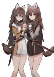 Rule 34 | 2girls, absurdres, animal ears, arm across chest, bad id, bad twitter id, blue eyes, brown hair, dokshuri, feet out of frame, hair between eyes, highres, holding hands, knees together feet apart, legs together, long hair, looking at viewer, multiple girls, original, sheath, sheathed, simple background, smile, standing, sword, tail, weapon, white background