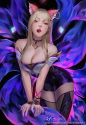 Rule 34 | absurdres, ahri (league of legends), alternate costume, animal ears, bare shoulders, blonde hair, breasts, cherry, choker, cleavage, earrings, facial mark, fang, food, food in mouth, fox ears, fox tail, fruit, half-closed eyes, heart, heart choker, heart earrings, highres, jewelry, k/da (league of legends), k/da ahri, large breasts, league of legends, leaning forward, lipstick, long hair, looking at viewer, makeup, mole, mole under eye, nail polish, official alternate costume, open mouth, tail, thaumazo, thighhighs, watermark, whisker markings