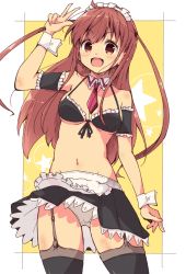 Rule 34 | 1girl, :d, alternate costume, apron, armband, ataru (7noise), bikini, bikini top only, black bikini, black thighhighs, breasts, brown hair, clothes lift, collar, commentary, cowboy shot, detached collar, enmaided, frilled apron, frilled armband, frilled bikini, frills, front-tie bikini top, front-tie top, garter straps, lace, lace-trimmed skirt, lace trim, long hair, looking at viewer, maid, maid bikini, maid headdress, medium breasts, miniskirt, navel, necktie, open mouth, outside border, panties, pantyshot, pleated skirt, purple necktie, red eyes, saki, saki (manga), saki achiga-hen, skindentation, skirt, skirt lift, smile, solo, standing, star (symbol), swimsuit, thighhighs, tom q (tomtoq), two side up, unconventional maid, underwear, w, waist apron, white apron, white collar, white panties, wind, wind lift, wing collar, wrist cuffs, yellow background