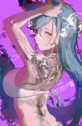 Rule 34 | 1girl, absurdres, blue hair, bra, breasts, butt crack, closed mouth, commentary, english commentary, english text, exoskeleton, glitch, hair between eyes, hair tie in mouth, hands in hair, highres, large breasts, long hair, mouth hold, original, robot, salmon88, solo, swept bangs, underwear, upper body, very long hair, white bra, x-ray, yellow eyes