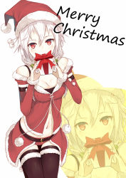 Rule 34 | 10s, 1girl, ako (nedm), bad id, bad pixiv id, bare shoulders, belt, black thighhighs, christmas, covering face, covering own mouth, covering privates, gift, guilty crown, hat, highres, merry christmas, navel, pink hair, red eyes, santa costume, santa hat, solo, thighhighs, yuzuriha inori, zoom layer