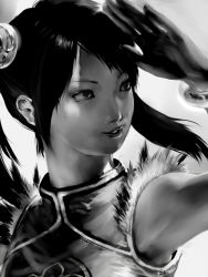 Rule 34 | 1girl, armpits, bad id, bad pixiv id, china dress, chinese clothes, dress, face, greyscale, ling xiaoyu, lips, monochrome, nupeshiko, solo, tekken, twintails