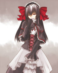 Rule 34 | 00s, 1girl, april (coyote ragtime show), black hair, capelet, corset, coyote ragtime show, dress, female focus, frilled sleeves, frills, goth fashion, gothic lolita, hair between eyes, hane (hanegoya), head tilt, headdress, lolita fashion, long hair, long sleeves, looking back, red eyes, red ribbon, ribbon, solo, tongue, tongue out, wide sleeves