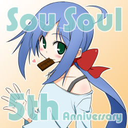 Rule 34 | 1girl, ahoge, blue hair, candy, chocolate, chocolate bar, food, green eyes, long hair, mouth hold, original, ponytail, solo, souto