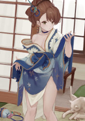 Rule 34 | 1girl, anouetto, asymmetrical bangs, bad id, bad pixiv id, bare shoulders, beatrix (granblue fantasy), blue kimono, blush, breasts, brown hair, cat, choker, cleavage, closed mouth, granblue fantasy, green eyes, hair ornament, highres, japanese clothes, kimono, long hair, long sleeves, looking at viewer, medium breasts, off shoulder, sash, solo, standing, thighs, wide sleeves
