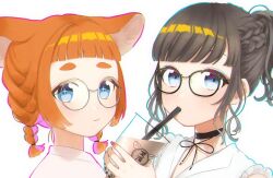 2girls :3 alternate_costume animal_ears bespectacled black-framed_eyewear black_choker black_ribbon blue_eyes blue_outline blunt_bangs blush braid bubble_tea choker closed_mouth commentary_request cup disposable_cup drinking_straw drinking_straw_in_mouth fingernails frilled_shirt frills from_side glasses grey-framed_eyewear grey_hair hair_tie half_up_half_down_braid hand_up holding holding_cup ichitose_(itt_fr) indie_virtual_youtuber looking_at_viewer looking_to_the_side mau-chan_(7name) medium_hair mouse_ears multiple_girls nail_polish neck_ribbon orange_hair outline pink_nails pink_outline portrait ribbon round_eyewear shirt short_bangs short_eyebrows short_ponytail sidelocks sideways_glance simple_background sleeveless sleeveless_shirt smile star_(symbol) star_in_eye symbol_in_eye thick_eyebrows thick_eyelashes turning_head twin_braids virtual_youtuber white_background white_shirt yamada_suzume