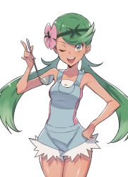 Rule 34 | 1girl, ;d, apron, bad id, bad twitter id, bare shoulders, breasts, collarbone, creatures (company), cropped legs, dark-skinned female, dark skin, flower, flower on head, game freak, green eyes, green hair, hair flower, hair ornament, hand on own hip, highres, hip focus, image sample, ladle, mallow (pokemon), nintendo, one eye closed, open mouth, pink shirt, pokemon, pokemon sm, shirt, simple background, sleeveless, sleeveless shirt, smile, solo, supernew, swept bangs, thighs, trial captain, twintails, white background