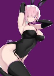 Rule 34 | 1girl, absurdres, animal ears, arched back, armpits, arms up, black gloves, black leotard, black thighhighs, closed mouth, covered navel, detached collar, elbow gloves, fake animal ears, fate/grand order, fate (series), garter straps, gloves, hair over one eye, highres, leotard, maruyaa (malya1006), mash kyrielight, necktie, one eye covered, pink hair, playboy bunny, purple background, purple eyes, rabbit ears, red necktie, short hair, simple background, smile, thighhighs, thighs