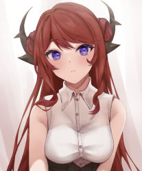 Rule 34 | 1girl, absurdres, alternate costume, alternate hairstyle, arknights, bare shoulders, blush, breasts, casual, closed mouth, collared shirt, double bun, gradient background, hair bun, highres, horns, long hair, looking at viewer, lv2 1130, medium breasts, purple eyes, red hair, shirt, sleeveless, sleeveless shirt, solo, surtr (arknights), upper body, very long hair, white background, white shirt