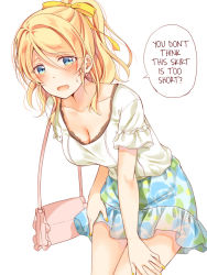 Rule 34 | 10s, 1girl, ayase eli, bag, blonde hair, blouse, blue eyes, blush, casual, collarbone, commentary request, cowboy shot, downblouse, fingernails, floral print, hair between eyes, hair ribbon, hard-translated, leaning forward, looking at viewer, love live!, love live! school idol festival, love live! school idol project, mogu (au1127), nail polish, open mouth, ponytail, print skirt, ribbon, shirt, short sleeves, shoulder bag, sidelocks, simple background, skirt, smile, solo, standing, sweatdrop, third-party edit, translated, white background, white shirt, yellow nails, yellow ribbon