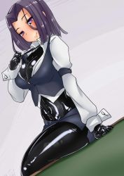 Rule 34 | 1girl, alternate costume, arm strap, arm support, ayuayu (shouyu no sato), blush, bodysuit, bodysuit under clothes, bow, bowtie, breasts, casino card table, cleavage, closed mouth, cosplay, cropped vest, dutch angle, kantai collection, latex, lips, long sleeves, looking at viewer, miniskirt, navel, open clothes, open shirt, pencil skirt, purple background, purple eyes, purple hair, rio rollins, rio rollins (cosplay), shirt, simple background, sitting, sitting on table, skin tight, skirt, solo, table, tatsuta (kancolle), thighs, vest