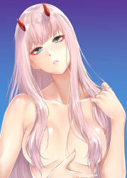 Rule 34 | 10s, 1girl, aqua eyes, blue background, breasts, breasts apart, collarbone, commentary request, darling in the franxx, eyeshadow, gradient background, hair censor, hand in own hair, head tilt, horns, long hair, looking at viewer, makeup, medium breasts, nude, parted lips, pink hair, shiny skin, simple background, solo, upper body, zero two (darling in the franxx), zucchini