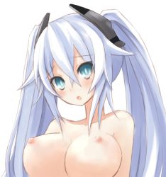Rule 34 | 1girl, aqua eyes, artist request, blush, breasts, character request, large breasts, long hair, nipples, nude, open mouth, simple background, solo, source request, twintails, upper body, white hair