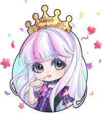 Rule 34 | 1girl, bai guangying (ye luoli), black dress, chibi, crown, doll joints, dress, finger to mouth, flower, frilled dress, frills, grey eyes, grey hair, hand up, happy birthday, heart, highres, joints, kumu zaisheng, multicolored hair, pink hair, smile, solo, streaked hair, upper body, ye luoli