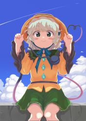 Rule 34 | 1girl, absurdres, blush stickers, commentary request, from below, green eyes, green skirt, grey hair, hands up, heart, heart of string, highres, knees together feet apart, komeiji koishi, outdoors, shirt, sitting, skirt, sky, smile, solo, suke (rf6tk), third eye, touhou, yellow shirt