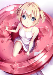 Rule 34 | 1girl, blonde hair, blue eyes, candy, dress, food, in food, lollipop, mini person, minigirl, original, oversized object, packge, parted lips, short hair, solo, sundress, twintails