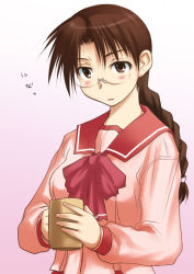 Rule 34 | 1girl, bow, bowtie, braid, brown eyes, brown hair, cup, glasses, gradient background, holding, holding cup, hoshina tomoko, long hair, long sleeves, looking at viewer, parted bangs, pink background, red bow, red bowtie, rimless eyewear, sakaki imasato, school uniform, serafuku, single braid, solo, to heart, to heart (series), upper body