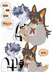 Rule 34 | 1boy, 1girl, animal ear fluff, animal ears, black necktie, blush stickers, body fur, borrowed character, bow, bowtie, brown fur, brown hair, chest harness, claws, closed mouth, collared shirt, colored inner hair, commentary request, cropped torso, dog ears, dog girl, fang, furry, furry female, furry male, german shepherd, grey fur, grey hair, grey jacket, grid background, hands up, harness, hetero, highres, holding, holding notepad, hood, hood down, hooded jacket, jacket, korean text, long hair, long sleeves, mixed-language text, multicolored hair, necktie, notepad, oji (norahasu), open clothes, open jacket, open mouth, orange hair, original, own hands clasped, own hands together, rata (norahasu), red bow, red bowtie, red eyes, shirt, short hair, smile, upper body, very short hair, white background, white shirt, wolf boy, wolf ears