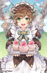 Rule 34 | 3girls, blush, breasts, brown hair, castle, cibella, cupcake, dragalia lost, fire, food, ge-b, green eyes, highres, holding, holding tray, large breasts, long sleeves, looking at viewer, melody (dragalia lost), messy hair, multiple girls, open mouth, philia (dragalia lost), puffy long sleeves, puffy sleeves, short hair, smile, smoke, teeth, tomboy, tray, twitter username, upper teeth only