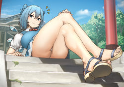 Rule 34 | 1girl, :3, ^^^, aged up, alternate breast size, arm support, ass, blouse, blue dress, blue eyes, blue hair, blush, bow, bowtie, breasts, cirno, closed mouth, commentary request, crossed legs, day, doyagao, dress, dress shirt, fairy wings, feet, foreshortening, giant, giantess, hair between eyes, hair bow, hand on own knee, highres, ice, ice wings, knees up, large breasts, legs, looking at viewer, nail polish, outdoors, panties, pantyshot, pinafore dress, reclining, red bow, red bowtie, red ribbon, ribbon, sandals, shirt, short hair, sitting, sleeveless, sleeveless dress, smug, solo, split mouth, stairs, stone stairs, temple, thighs, toenail polish, toenails, toes, torii, touhou, underwear, uru (uru0000), white nails, white panties, white shirt, wing collar, wings