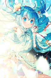 Rule 34 | 1girl, black skirt, blue eyes, blue hair, blush, cable, closed mouth, commentary request, day, detached sleeves, flower, hair between eyes, hair flower, hair ornament, hands up, hatsune miku, highres, holding, ikari (aor3507), long hair, long sleeves, magical mirai (vocaloid), magical mirai miku, magical mirai miku (2021), outdoors, shirt, skirt, sleeveless, sleeveless shirt, sleeves past wrists, smile, solo, twintails, vocaloid, white flower, white shirt, white sleeves, wide sleeves