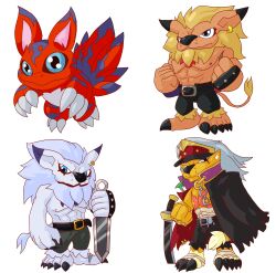 Rule 34 | absurdres, bancholeomon, banchou, delinquent, digimon, digimon (creature), elecmon, furry, highres, leomon, lion boy, looking at viewer, panjyamon, simple background, white background