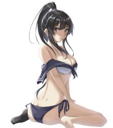 Rule 34 | 1girl, ass, bikini, bikini bottom only, black bikini, black hair, black sailor collar, breasts, butt crack, commentary request, dimples of venus, from behind, full body, jb62lh eliz, kantai collection, long hair, looking at viewer, looking back, medium breasts, mismatched bikini, off shoulder, ponytail, sailor collar, scrunchie, side-tie bikini bottom, sidelocks, simple background, single sock, sitting, socks, solo, swimsuit, wariza, white background, yahagi (kancolle)
