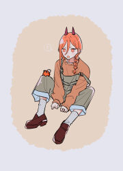 Rule 34 | 1girl, absurdres, alternate hairstyle, braid, brown footwear, brown sweater, chainsaw man, commentary request, cross-shaped pupils, green overalls, grey socks, gurukousu, hair between eyes, highres, horns, looking at object, low twin braids, medium hair, off shoulder, open mouth, orange eyes, orange hair, pochita (chainsaw man), power (chainsaw man), red horns, side braid, simple background, sleeves past wrists, socks, solo, strap slip, sweater, symbol-shaped pupils, twin braids