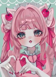 Rule 34 | 1girl, aqua eyes, blunt bangs, bow, bowtie, cherry hair ornament, dress, food-themed hair ornament, frills, green background, hair intakes, hair ornament, hair ribbon, hands up, heart, heart hands, highres, looking at viewer, open mouth, original, pink bow, pink bowtie, pink dress, pink hair, pink nails, pink ribbon, ribbon, shiona (siona0625), solo, twintails, upper body, x hair ornament