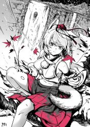 Rule 34 | 1girl, animal ears, breasts, detached sleeves, hat, highres, inubashiri momiji, leaf, maple leaf, medium breasts, midriff, partially colored, qingwa chi she, short hair, skirt, snow, solo, tail, tokin hat, touhou, water, waterfall, wind, wolf ears, wolf girl, wolf tail