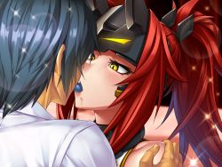 Rule 34 | 1boy, 1girl, blush, cerastes, colored tongue, faceless, faceless male, forked tongue, french kiss, hair ornament, hand on shoulder, hetero, kiss, lilith-soft, mikoyan, ponytail, red hair, saliva, taimanin (series), taimanin asagi, taimanin rpgx, tongue, yellow eyes
