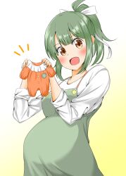 Rule 34 | 1girl, alternate costume, blush, bow, brown eyes, buttons, commentary request, dress, food, fruit, green dress, grey hair, hair bow, highres, holding, holding clothes, kantai collection, maternity dress, melon, onesie, open mouth, ponytail, pregnant, satetsu (satetsu3135), shirt, sidelocks, simple background, sleeves rolled up, solo, white bow, white shirt, yuubari (kancolle)