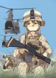Rule 34 | 2girls, :/, aircraft, assault rifle, ayyh, backpack, bad id, bad pixiv id, bag, blonde hair, brown eyes, brown hair, camouflage, ch-46 sea knight, day, digital camouflage, explosive, flashbang, glasses, gloves, grass, grenade, gun, gun sling, hand grenade, helicopter, helmet, highres, kneeling, less-than-lethal weapon, load bearing vest, long hair, looking away, m16, m16a4, m4 carbine, m84 stun grenade, military, military uniform, mountain, multiple girls, night-vision device, original, radio antenna, rifle, scissors, scope, sky, soldier, stun grenade, trigger discipline, uniform, united states, vertical forward grip, war, weapon