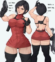 Rule 34 | 1girl, ada wong, alternate muscle size, back, black hair, bow (weapon), crossbow, dress, english text, gloves, gun, handgun, highres, looking at viewer, muscular, muscular female, red dress, resident evil, resident evil 4, short hair, solo, thick thighs, thighhighs, thighs, torn clothes, torn dress, weapon, white background, yoracrab