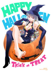 Rule 34 | 1girl, barefoot, boots, breasts, candy, cleavage, dress, elbow gloves, feet, food, gloves, halloween, happy halloween, hat, jack-o&#039;-lantern, crossed legs, lollipop, medium breasts, nail polish, no shoes, original, pink nails, pumpkin, shirotsumekusa, single shoe, sitting, solo, thighhighs, toes, trick or treat, witch hat