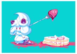 Rule 34 | absurdres, alcremie, alcremie (strawberry sweet), border, cake, cake slice, closed mouth, commentary request, creatures (company), dripping, film grain, food, fork, from side, fruit, game freak, gen 8 pokemon, green background, highres, holding, holding fork, nintendo, no humans, pokemon, pokemon (creature), red eyes, saiku (zvlku), solo, standing, strawberry, white border