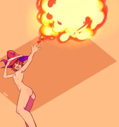 Rule 34 | 1girl, absurdres, ass, breasts, element bending, fire, foie (foolintisimo), foolintisimo, hat, highres, magic, navel, nipples, nude, open mouth, original, red hair, short hair, simple background, small breasts, solo, witch hat