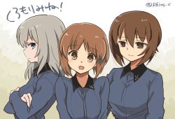 Rule 34 | 10s, 3girls, blue eyes, brown eyes, brown hair, closed mouth, crossed arms, dress shirt, frown, girls und panzer, grey shirt, kuromorimine school uniform, light smile, long hair, long sleeves, looking at another, looking at viewer, looking back, multiple girls, nishizumi maho, nishizumi miho, open mouth, r-king, school uniform, shirt, short hair, siblings, silver hair, sisters, smile, standing, twitter username, upper body