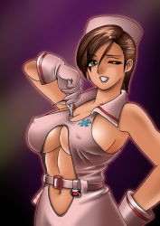 Rule 34 | 1girl, anesthesia, anesthesia (rumble roses), belt, breasts, brown eyes, brown hair, cleavage, cleavage cutout, clothing cutout, covered erect nipples, dark skin, gaden, gloves, nurse, one eye closed, rumble roses, smile, wink