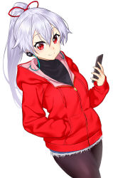 Rule 34 | 1girl, black bodysuit, bodysuit, cellphone, closed mouth, dutch angle, earphones, fate/grand order, fate (series), hair ribbon, hand in pocket, highres, holding, holding phone, hood, hoodie, long hair, looking at viewer, onsoku inu, pantyhose, phone, ponytail, red eyes, red hoodie, red ribbon, ribbon, silver hair, simple background, smartphone, smile, solo, standing, tomoe gozen (fate), turtleneck, white background