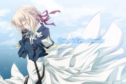 Rule 34 | 1girl, blonde hair, blue jacket, blue sky, braid, cloud, crown braid, closed eyes, hair intakes, inaba shiki, jacket, kyoto animation, mechanical arms, mechanical hands, own hands clasped, own hands together, prosthesis, prosthetic arm, prosthetic hand, red ribbon, ribbon, sky, solo, violet evergarden, violet evergarden (series), white neckwear