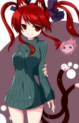 Rule 34 | 1girl, animal ears, bad id, bad pixiv id, bottomless, cat ears, cat girl, cat tail, female focus, green shirt, kaenbyou rin, kuromari (runia), multiple tails, naked sweater, no pants, red eyes, red hair, shirt, smile, solo, sweater, tail, touhou
