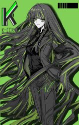 Rule 34 | 1girl, alfonso (project moon), ashi (dongshi389), black gloves, black hair, black pants, black shirt, character name, collared shirt, formal, gloves, green background, green eyes, green hair, green theme, highres, jacket, limbus company, long hair, looking at viewer, monochrome, multicolored hair, necktie, pants, project moon, shirt, simple background, smile, solo, streaked hair, suit, very long hair
