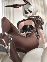 Rule 34 | 1girl, animal ears, bad id, bad twitter id, black blindfold, black hairband, black nails, blindfold, breasts, brown pantyhose, corset, fake animal ears, frills, hairband, high heels, highres, lace trim, large breasts, nier:automata, nier (series), pantyhose, parted lips, rabbit ears, salmon88, short hair, shrug (clothing), sitting, solo, thighs, underboob, white hair, 2b (nier:automata)