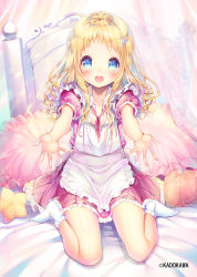 Rule 34 | 1girl, blonde hair, blue eyes, blush, copyright notice, full body, long hair, looking at viewer, open mouth, socks, solo, sorimura youji, teeth, upper teeth only, white socks