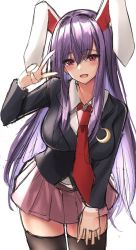 Rule 34 | 1girl, 7saki, animal ears, bad id, bad twitter id, blazer, blouse, collared shirt, highres, jacket, light purple hair, long hair, long sleeves, looking at viewer, miniskirt, necktie, pink skirt, pleated skirt, purple hair, rabbit ears, red eyes, red necktie, reisen udongein inaba, shirt, simple background, skirt, solo, thighhighs, touhou, v, very long hair, white background, white shirt