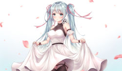 Rule 34 | 1girl, absurdres, aqua eyes, aqua hair, bare shoulders, black thighhighs, blurry, blush, closed mouth, commentary, dress, hair ribbon, hatsune miku, highres, long hair, looking at viewer, petals, pink ribbon, pippin (pippin sol), ribbon, skirt hold, sleeveless, sleeveless dress, solo, standing, thighhighs, twintails, vocaloid, white background, white dress
